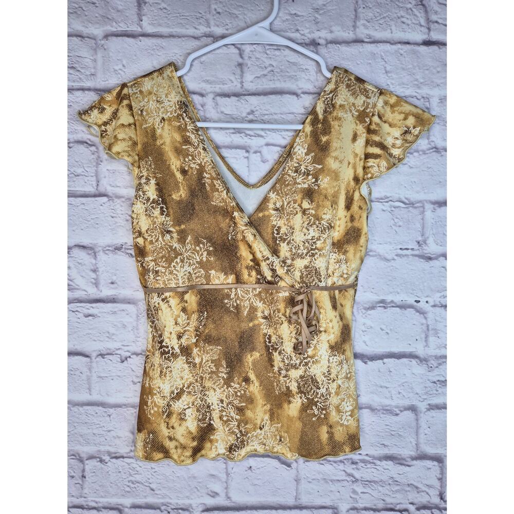 Vtg Y2K Rave Faux Wrap Top Brown Floral Lettuce Hem Whimsigoth Cap Sleeve M Knit